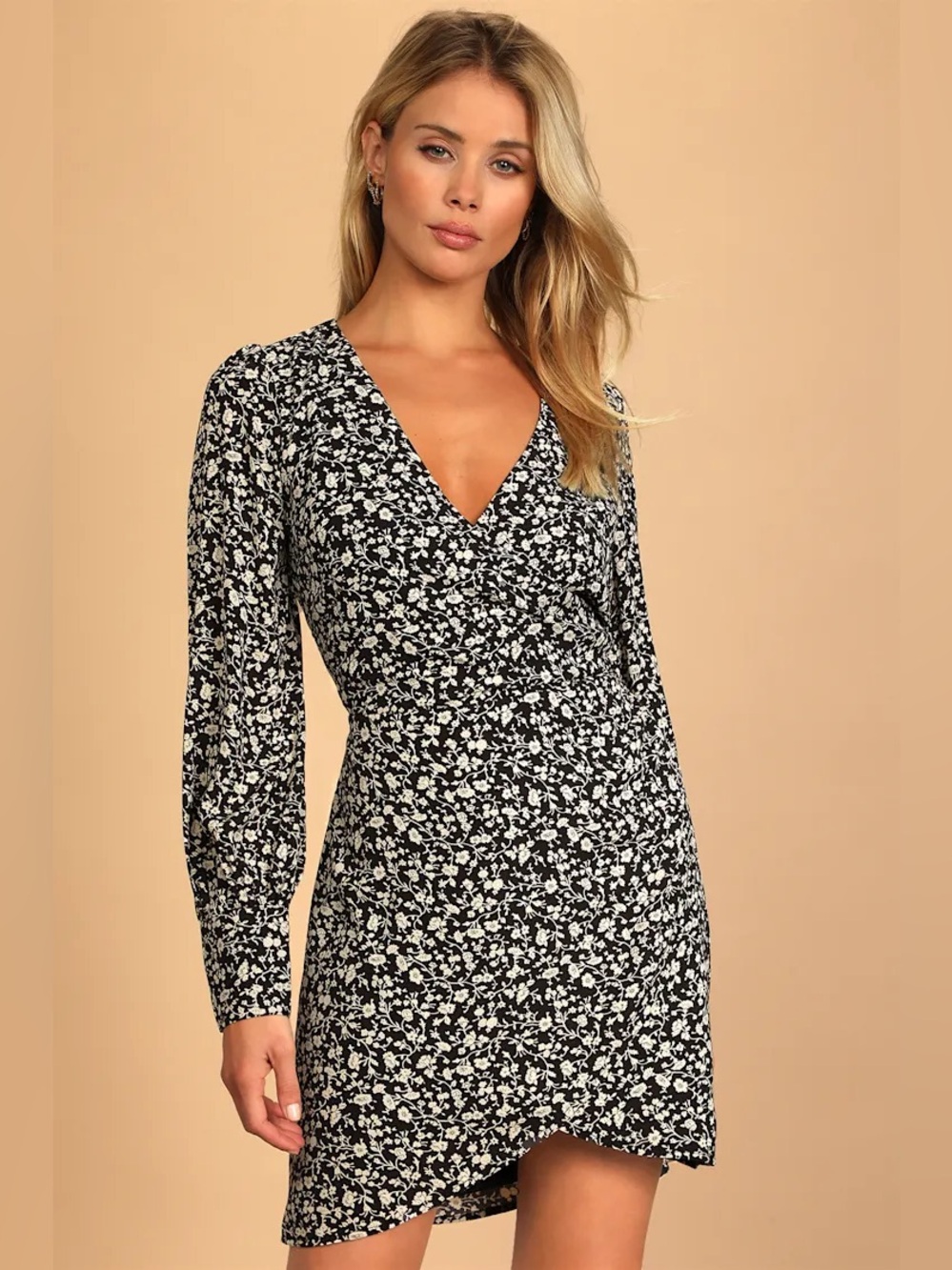 NWT Lulus Fall Into You Black Floral Print Long Sleeve Faux-Wrap Dress XS